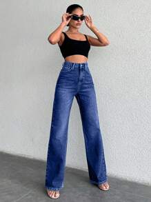 EURMUSE 99%Cotton Zipper Fly Straight Leg Jeans - Teal Blue - View 4