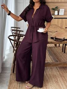 Weeklong Plus Size Summer Casual Solid Color Drawstring Waist Shirt And Pants 2 Pieces Set - Burgundy - View 3