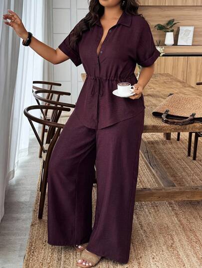 Weeklong Conjunto de 2 peças de camisa e calça plus size casual de verão, cor sólida, com cordão na cintura