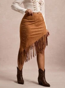 Freevana Asymmetrischer Fransen-Dekor Lässig Lässig Rock, Fransen Rock, Western Rock, Cowgirl Rock, Wildleder Rock, Country Rock, Rückkehr zur Schule Herbst Lehrerin Schule Lehrerin Country Konzert Western Boho Rave Vintage 2000er Jahre Stil Herbst Große Größen Country Old Money Bohemian Lässig Herbst