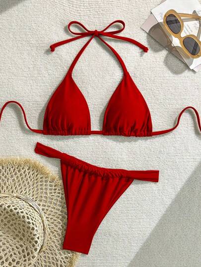 Swim Basics 女士纯色露背系带性感比基尼套装