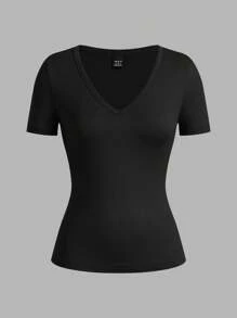 SHEIN EZwear 3pcs Women's Deep V-Neck Tight Casual Short Sleeve Basic Layering Long Sleeve T-Shirt Set, Black/Pink/White, Suitable For Spring/Summer Suitable For Going Out - Multicolor - View 6