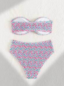 Swim Mod Random Print Strappy Bandeau Bikini Set, Women Casual Beach Resort Swimwear For Island Vacation, Pool Party, Cruise For Summer - Multicolor - View 3