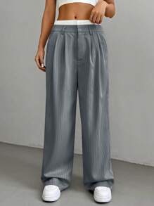 SHEIN EZwear Calças compridas cinza de perna larga com listras e zíper para um visual casual moderno Calças plissadas de cintura alta Calças cinza risca de giz para outono/inverno