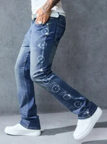 ROMWE MEN Street Life Men's Rhinestone Embellished Pocket Flared Casual Jeans - Blue - View 5