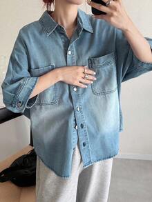 FRIFUL 女士蝙蝠袖单排扣宽松休闲口袋牛仔衬衫长袖 - 藍色 - 查看 3