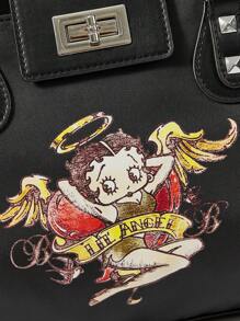 Betty Boop | ROMWE Women's Cartoon Figure Graphic Retro Y2K Rivet Versatile Commuting Large Capacity Tote Bag, New Arrival Tote Bags For Woman , Office Bag - Black - View 5