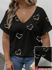 INAWLY Plus Size Women Heart Print V-Neck Short Sleeve Loose T-Shirt, Suitable For Spring/Summer Valentine's Day