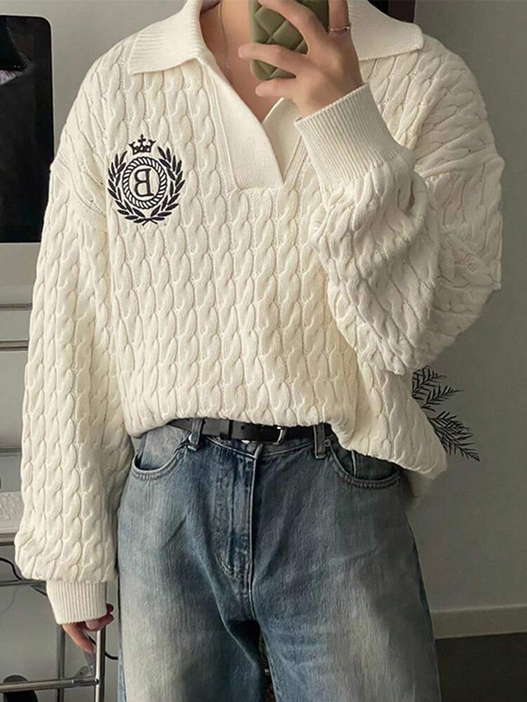 Men's Casual Drop Shoulder Letter Pattern Knitted Beige Sweater, Autumn School