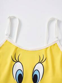 LOONEY TUNES X SHEIN 3pcs Tween Girl Yellow Cute Cartoon Tweety Print Cami Top & Shorts Lingerie Undershirt Set , Kawaii,Cute,Sweet - Yellow - View 3