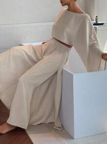 Livesso Bohemian Textured Fabric Cropped Top & Long Wide Leg Pants Women's Lounge Set, Fall Winter Clothes, Cozy Outfit - Khaki - View 6