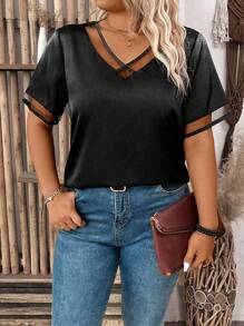 EMERY ROSE Camicia casual con panello in rete, tinta unita, manica corta, estiva, per taglie comode