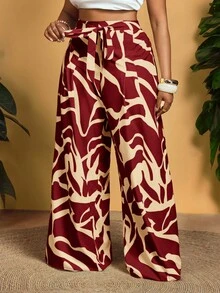 Slaydiva Plus Size Women's Vacation Style All-Over Print High Waist Belted Loose Wide Leg Pants - Burgundy - View 7