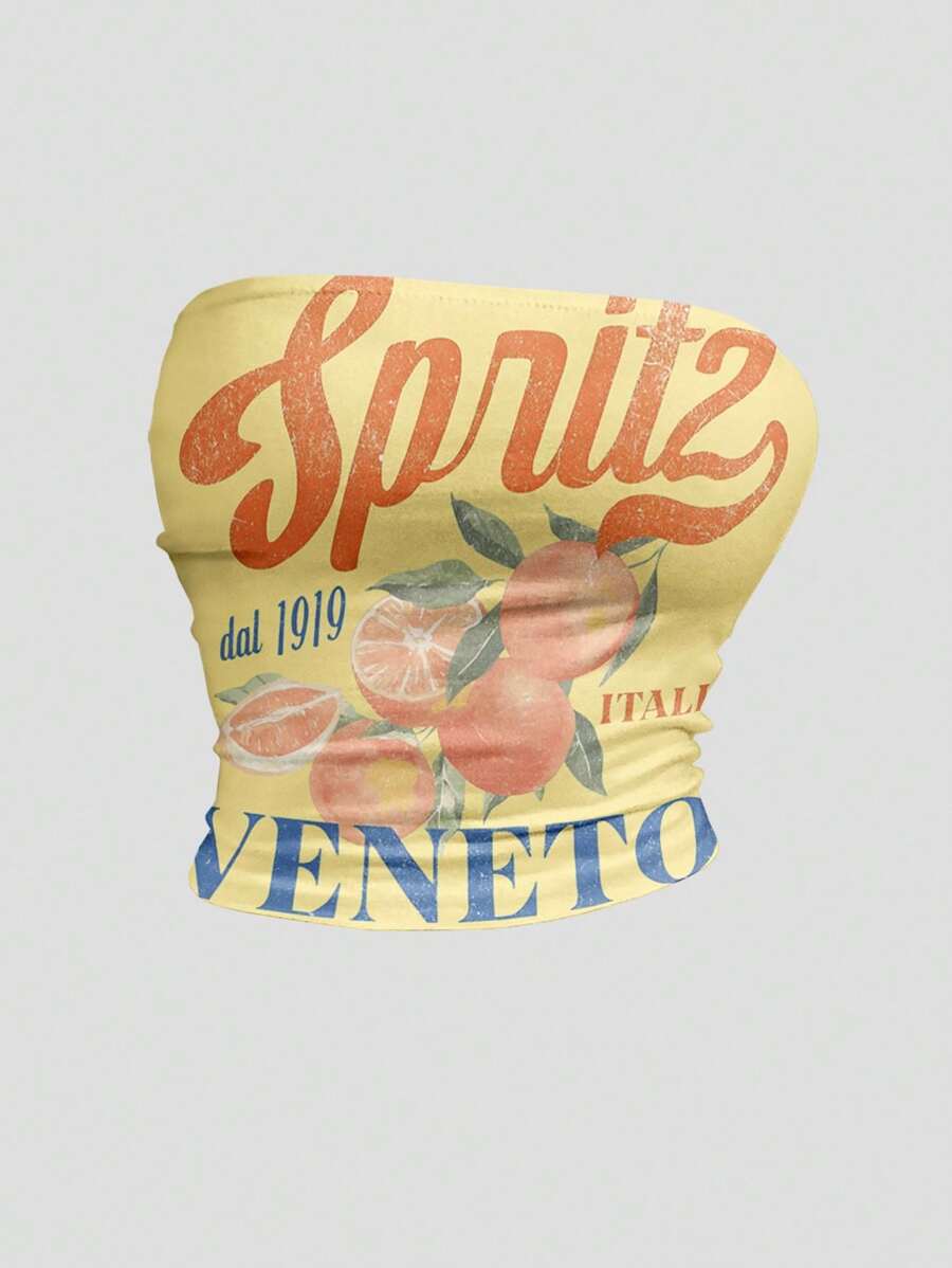 SHEIN Sweetro Women's Summer Italia Veneto Cocktail Lemon Orange Fruit Print Cropped Tube Top, Y2K Style Vacation & Beach - Multicolor - View 1