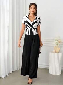 Ellevyn 女士优雅撞色V领交叉裹身短袖连体裤秋季女装度假装女士连体裤