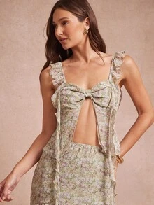 L'Amorae Váy dây mảnh họa tiết hoa nhỏ thanh lịch mùa hè có đường xẻ và chi tiết buộc nơ - Nhiều màu - Xem 4