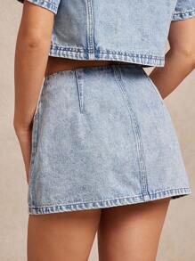 WESTFADE High Waist Button Front Cotton Blend Denim A Line Mini Skirt Back To School Country Western Fall Vintage Y2K - Light Wash - View 3