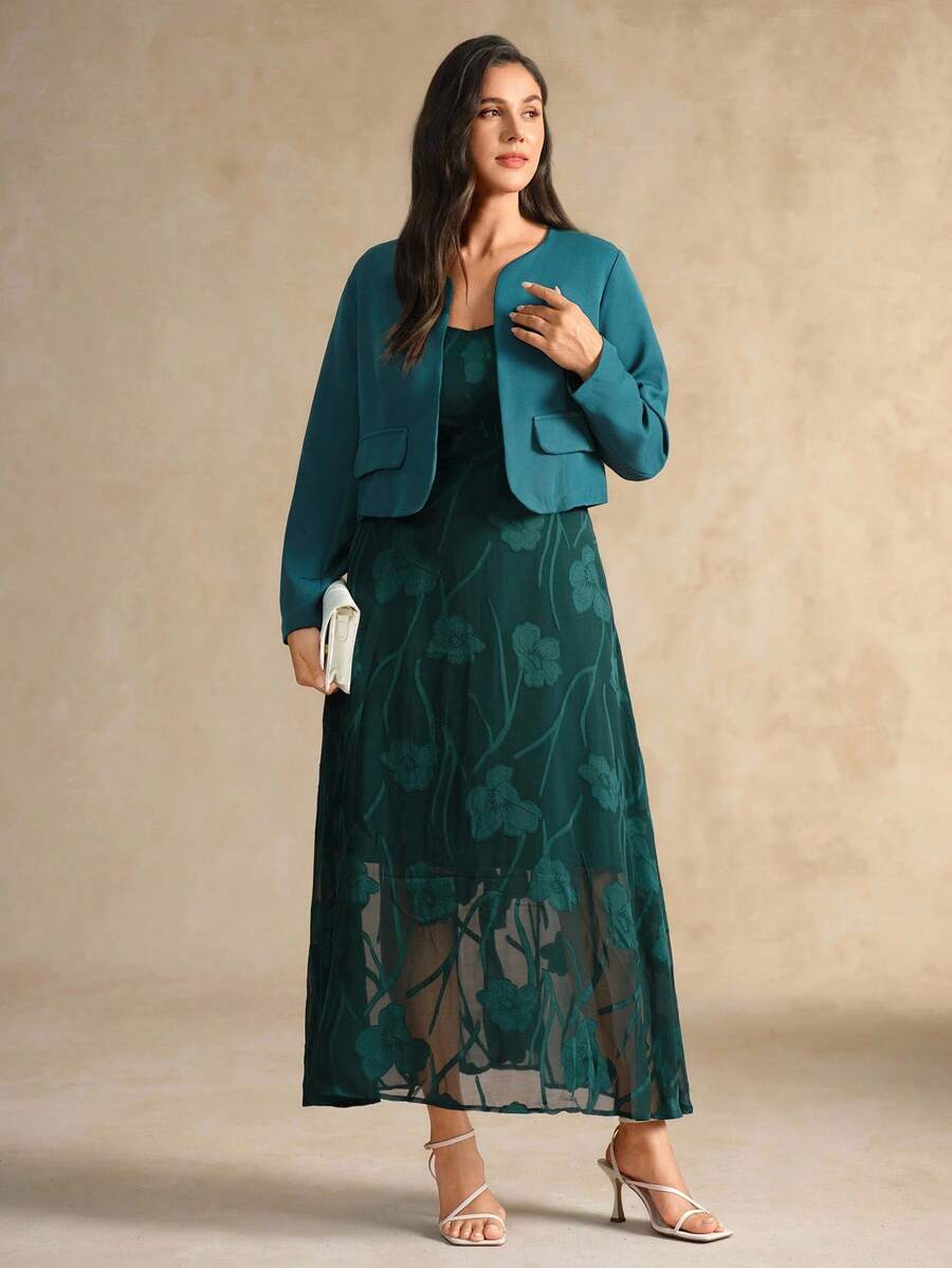 Flouryn Giacca cardigan elegante da donna taglia comoda, collo rotondo, tinta unita - Verde Scuro - Visualizzare 1
