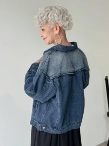 女式落肩长袖拉链前口袋宽松休闲牛仔夹克 - 藍色 - 查看 3