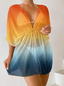 SHEIN Swim 女士渐变色蝙蝠袖休闲和服罩衫，适合海滩穿着