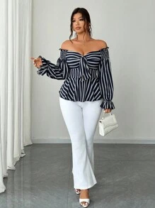 Elenzga Plus Size Off-Shoulder Long Sleeve Casual Vacation Blouse Fall Cloth For Women - Navy Blue - View 3