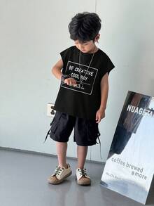 SHEIN 小男孩舒适字母拼接休闲背心，适合户外活动、学校、居家休闲和专业运动 - 黑色 - 查看 2