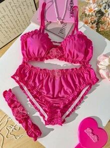 SHEIN 3 pièces/Set Lingerie sexy avec soutien-gorge sans fil, shorts et porte-jarretelle pour une jambe - Rose vif - Voir 6