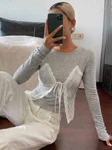 DAZY Áo hai dây ren chắp vá 2 trong 1 cổ tròn tay dài ôm vừa vặn thường ngày cho nữ, quần áo mùa xuân/thu, mùa thu cho nữ - Xám - Xem 5