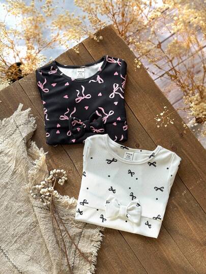 SHEIN 2pcs Baby Girl Casual Comfortable Round Neck Short Sleeve Bow Decor Dress Set Toddler Girl Bow Print Dress Baby Girl Bow Print Dress Short Sleeve Toddler Dress Toddler Girl Summer Dress Baby Girl Summer Dress Suitable For Daily Leisure, Going To School, Returning To School, And School Attire.  Photo Shoots, Daily Wear, School  Back To School  Toddler Girl Fall Clothes  Fall Dresses