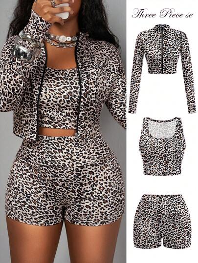 Slaydiva 3 件套女士夏季运动套装：拉链立领长袖豹纹紧身 T 恤夹克、无袖短款背心、运动短裤