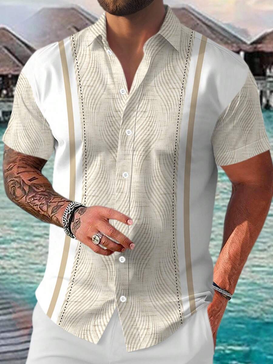 Manfinity RSRT Men's Summer Fashionable Holiday Style Casual Shirt, Slim Fit Short Sleeve Button Up Shirt - Khaki - View 1