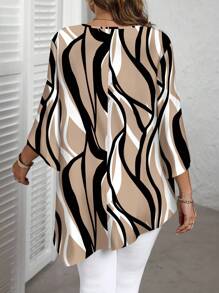 EMERY ROSE Kemeja Lengan Panjang Leher Bulat Motif Garis Kasual Ukuran Besar, Cocok untuk Blus Wanita Musim Semi dan Gugur, Atasan Motif Zebra Elegan - MultiWarna - View 2