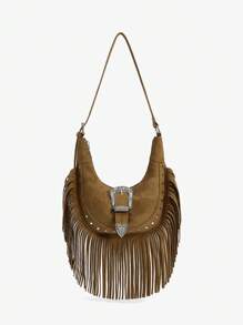 SHEIN ICON 女士单肩包、流浪包、时尚、个性、简约、百搭、街头、甜美酷炫女孩、辣妹、Y2K、复古、铆钉、复古、流苏、牛皮印花、西式、波西米亚风、音乐节、青少年 - 棕色 - 查看 2