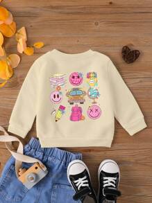 女童休闲舒适保暖圆领长袖卫衣，秋冬季返校季，动物印花图案，适合学校、返校季、小狗图案T恤等。 - 杏色 - 查看 2