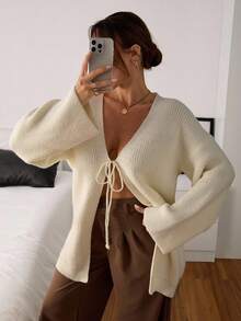 EURMUSE Women Soft Touch Tie Front Loose Cozy Cardigan Tie Front Sweater Womens Knit Top V-Neck Sweater Knitted Pullover Sweater For Women,Cardigans,Long Cardigans Woman,Petite,Tall - White - View 4