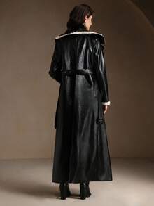 Anewsta 优雅的 PU 夹克，带有蕾丝拼布和水钻装饰，长款，适合秋季、秋季、冬季、外出、优雅、正式、派对、别致、新年、圣诞节、工作、毕业 - 黑色 - 查看 2