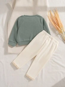 SHEIN 女宝宝宽松休闲可爱3D花朵提花圆领长袖上衣和松紧腰紧身打底裤套装，秋冬 - 綠色 - 查看 2