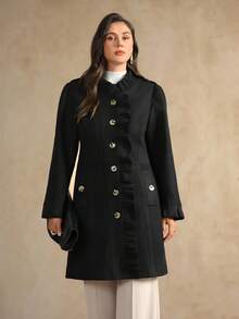 Flouryn Plus Size Women's Elegant Versatile Fashion Black Ruffled Woolen Fabric - Black - View 1