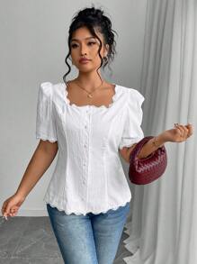 Calvaya 大码纯色短袖方领衬衫，简约时尚，适合夏季 - 米色 - 查看 4