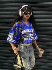 Slaydiva 女士休闲 66 针织 V 领宽松短款 5/短袖网眼 T 恤，带星星和字母图案，适合夏季和运动游戏