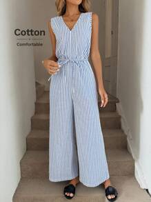 Easowa V 领腰带蝴蝶结口袋无袖连体裤阔腿裤，条纹编织棉质面料，休闲宽松通勤风格女式连体裤 - 藍白色 - 查看 8
