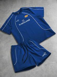 PAVTROS 男士字母印花圆领短袖休闲T恤和抽绳腰短裤运动套装男两件套男运动套装篮球服运动服训练服 - 藍色 - 查看 1