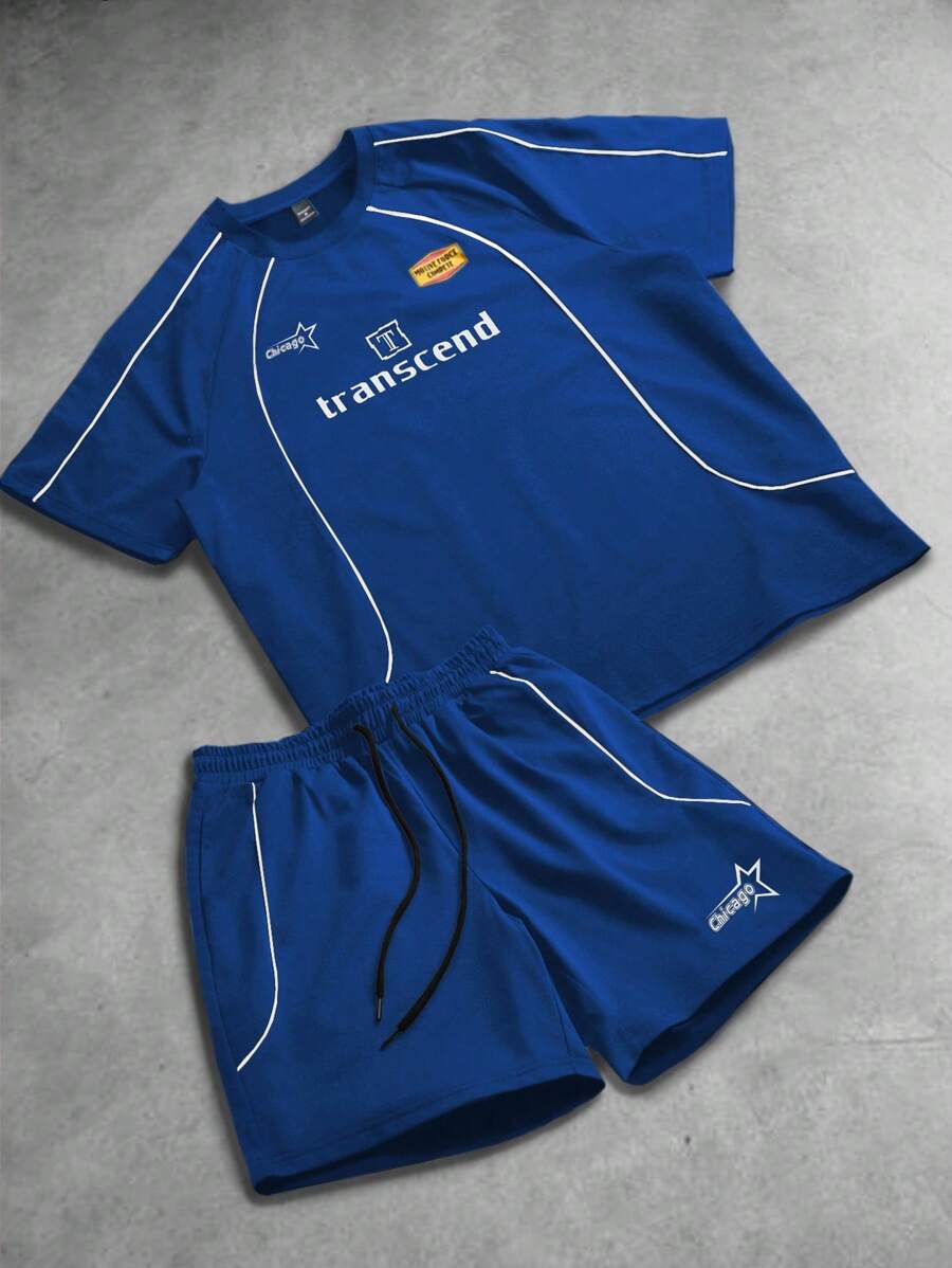 PAVTROS 男士字母印花圆领短袖休闲T恤和抽绳腰短裤运动套装男两件套男运动套装篮球服运动服训练服 - 藍色 - 查看 1