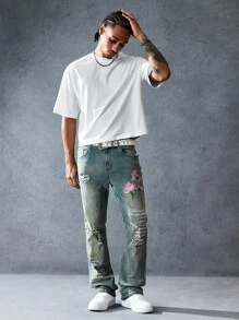 ROMWE MEN Street Life Jeans a zampa con stampa floreale e slogan, con tasche, effetto vissuto per uomo