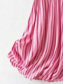 Franclia 女士休闲度假条纹V领工装口袋连衣裙夏季连衣裙粉玫瑰色大学风服装 - 玫紅色 - 查看 3