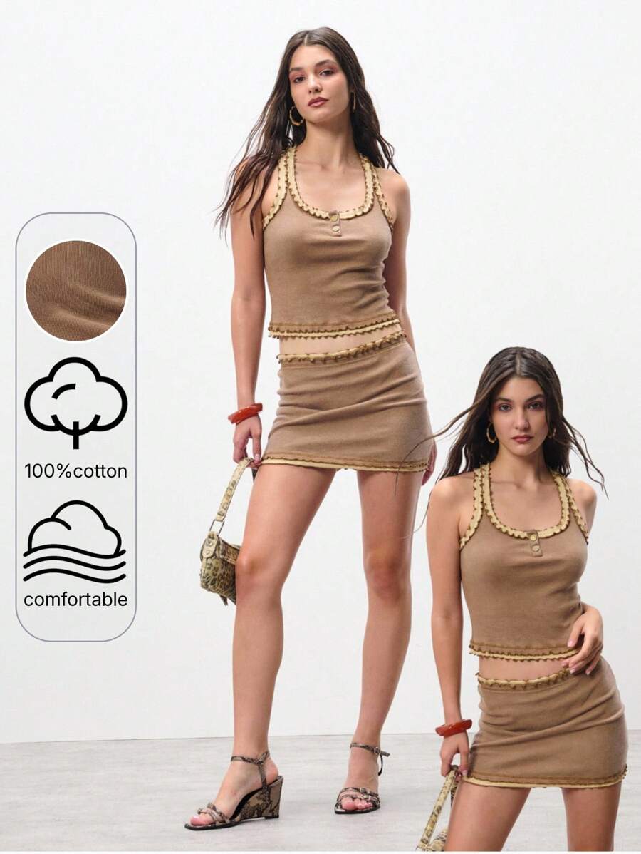 TypaGal This Fitted Ribbed Skirt Brings Cozy Texture And Retro Charm Together In One Sleek Silhouette. With Lettuce-Edge Trim And Earthy Tones, It's Perfect For Women Summer Lovers Looking For Versatile Summer. Style It With The Top For A Perfect! - Dusty Purple - View 1