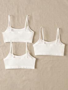 SHEIN 少女三件套白色纯色百搭吊带背心，简约休闲舒适加垫文胸，白色罗纹抹胸上衣三件装，针织抹胸套装，白色露脐背心带文胸