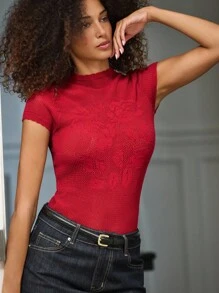 lacRébo Blusa con patrón de flores rojas a crochet con detalle de borde de concha, atuendos de maestro, salida, atuendos de oficina - Burdeos - Ver 6