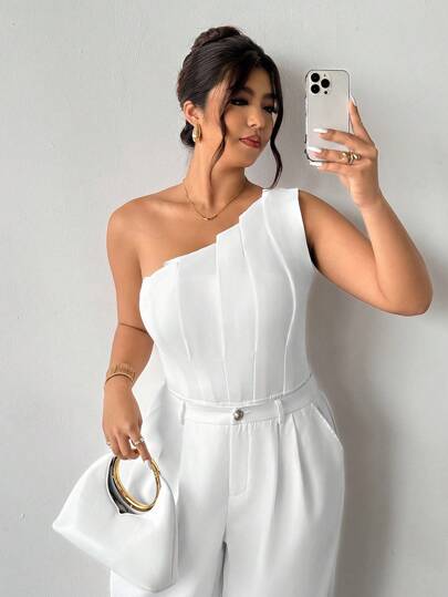 Firerie Plus Size Spring/Summer New Elegant Casual Commute 3D Structural Asymmetrical Pleated Design Sleeveless Bodysuit, Waist Cinched Stretchy Slim Fit Bodysuit For Women