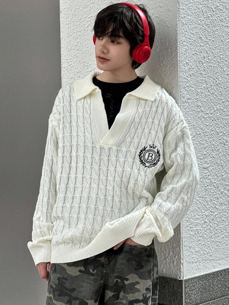Men's Casual Drop Shoulder Letter Pattern Knitted Beige Sweater, Autumn School
